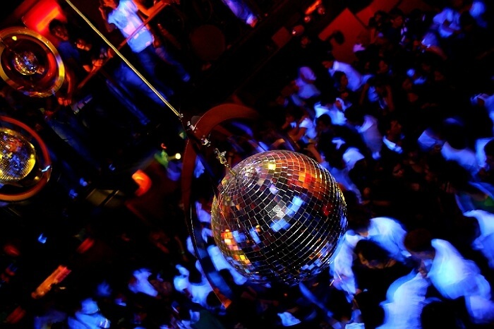 The disco ball and crowd at one of the new year parties in Mumbai
