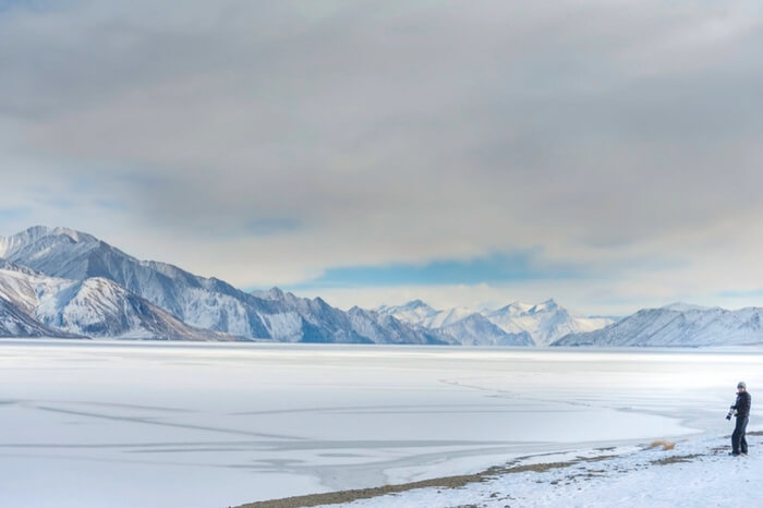 A frozen Pangong Tso lake in Leh-Ladakh in December